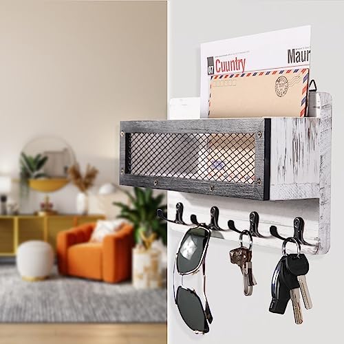 ADIIL Mail and Key Holder for Wall Decorative, Wooden Wall Mount Key Rack Hanger Organizer with 4 Double Key Hooks, Rustic Home Decor for Entryway Hallway, White - Image 2