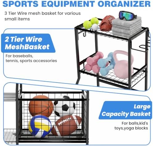 Sports Equipment Organizer,3-Tier Rolling Ball Storage with Wheels - Image 5