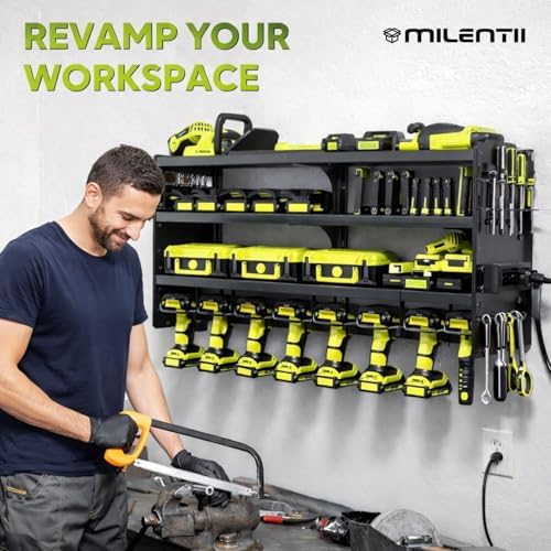 Large Power Tool Organizer Wall Mount with Charging Station, 6-Shelf Heavy Duty Metal Tool Storage Rack, Cordless Drill Holder Slots, Screwdriver Racks & Hook Bar for Garage Workshop - Image 7