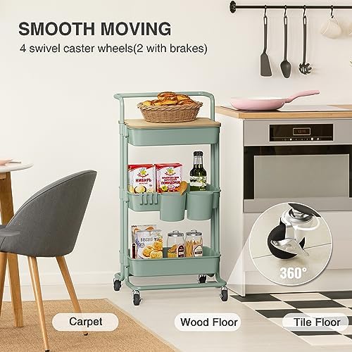 DTK 3 Tier Rolling Utility Cart with Cover Top Board, Movable Kitchen Storage Cart Trolley with Lockable Wheels, Cups, Hooks for Kitchen Bathroom Home Office Art Craft Storage(Turquoise/Green) - Image 5