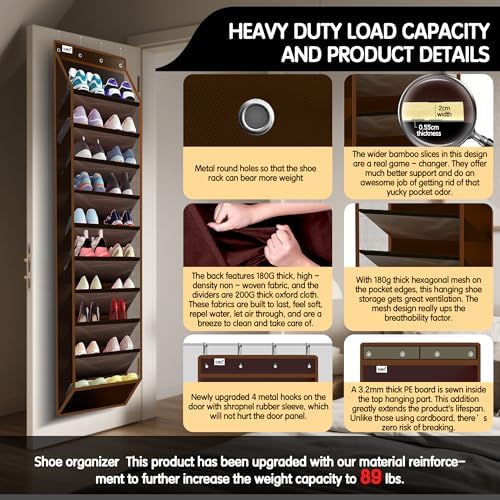 Kotkn 10 Tier Over The Door Organizer - Heavy Duty Hanging Storage Rack with Sturdy Oxford Fabric, Holds 20+ Pairs of Footwear, Boots & Sneakers, Saves 50% Closet Space (Dark Curry) - Image 3