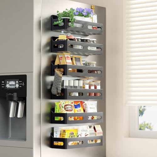 Sevenblue 6-Pack Magnetic Spice Rack for Refrigerator with Hooks, Black by Sevenblue