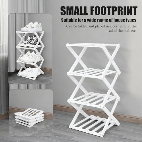 Vertical Small Shoe Rack White, 4 Tier Portable Folding Shoe Storage Rack, Without Installation Free Standing Shoe Rack for Corridors, Bedrooms Living Room Corner and Small Spaces - Image 5