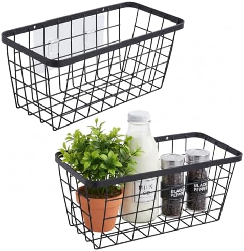 2 Pack Hanging Wall Basket Organizer Over the Cabinet Door Wire Baskets for Organizing -Space-Saving Hanging Baskets for Organizing Wall Mount Storage,No Drilling Adhesive Wall Storage Basket, Black by HomeSpaceStorageBasket