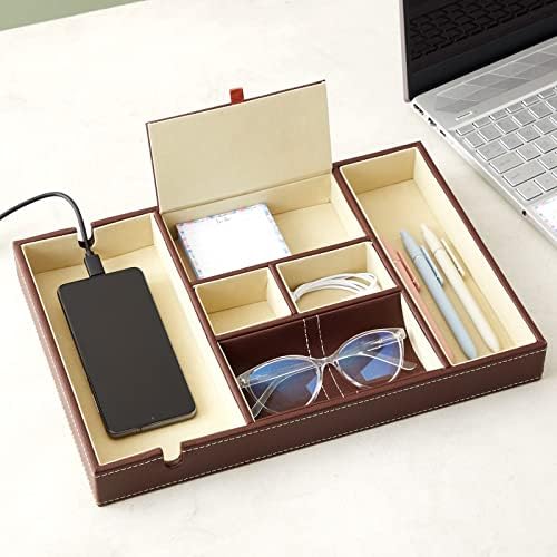 Juvale Rectangular Catchall Tray - 6-Compartment Nightstand Organizer - Polished Key Bowl - Portable Drawer Organizer - Brown Faux Leather - Image 3