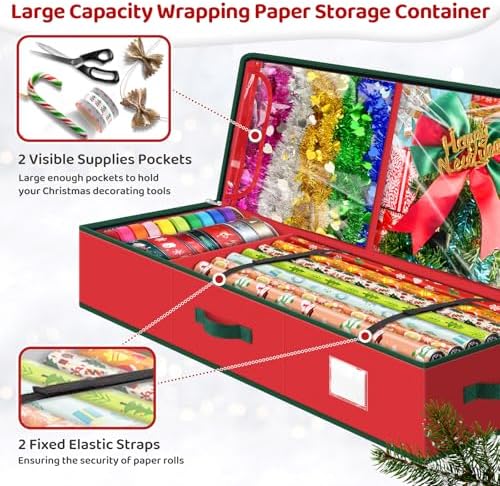 BlessedSeason Wrapping Paper Storage Organizer for 40 Inch Christmas Gifts Wrapping Paper, 2 Visible Supplies Pockets for Holiday Accessories, Christmas Decoration Storage Containers, Red - Image 4