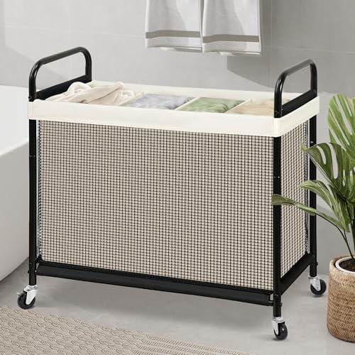 STO STO Laundry Hamper 4 Section, 140L Rolling Laundry Sorter Cart with Removable and Washable Liner Bag, Clothes Hamper with Wheels and Metal Handle for Laundry Room and Bedroom, Beige - Image 3