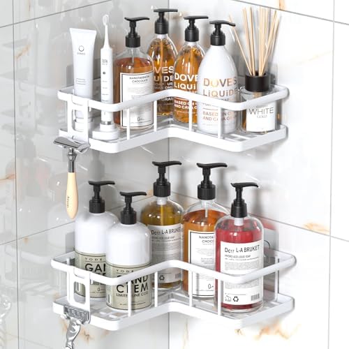 YASONIC Corner Shower Caddy Adhesive, 100% Rustproof Shower Organizer, No Drill Shower Shelf for Inside Shower, Wall-Mounted Shower Storage for Homes (2 Pack, White) by YASONIC