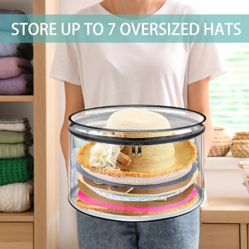 Aliceset 2 Pcs Oversized Clear Hat Boxes Storage Hard Plastic Zipper Case for Women, Holds up to 7 Caps Cowboy Hat Organizer for Closet, Wide Brims Case with Carrying Handles (Black) - Image 4