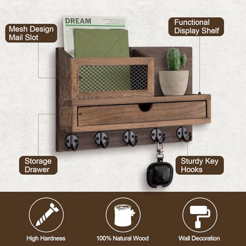 Key Holder for Wall with 5 Key Hooks and Storage Drawer - Image 2