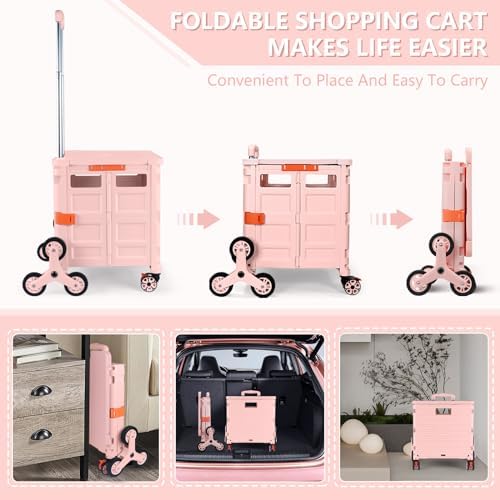 Foldable Utility Cart with Stair Climbing Wheels,Collapsible Rolling Crate with Magnetic Lid Telescopic Cover,Telescoping Handle,360° Rotate Wheel Hand Cart for Teacher Shopping Moving Grocery(Pink) - Image 4