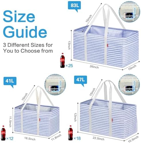 LHZK 2 Pack Utility Tote Bag with Metal Wire Frame and the Sides Rinforced, Large Tote Bag with Handle, Reusable Grocery Bags Foldable, Beach Bag, Car Tote (Blue, 18.5''x11.8''x11.5'') - Image 4