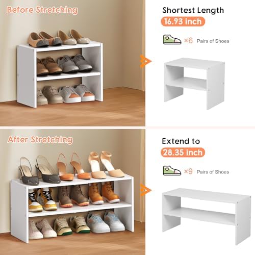 2 Pack Expandable White Shoe Rack Organizer for Closet, 2-Tier Stackable Shoe Storage Shelf, Small Iron Wood Combination Shoe Shelves for Closets,Entryway,Front Door, Narrow Space,Hallway,15-24 Pairs - Image 4