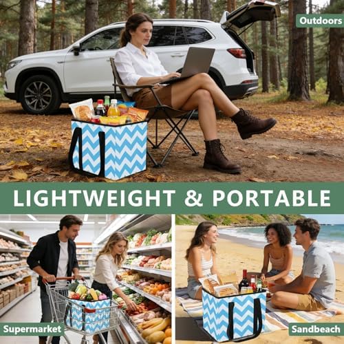 Trunk Organizer Collapsible Car Organizer with Handle Car Storage Box Bin for Groceries SUV Utility Tote Bag Portable Vehicle Container Sky Blue Zigzags - Image 6