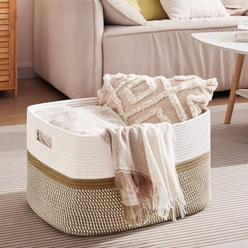 OIAHOMY Blanket Basket Laundry Basket Dog Toy Basket 75L Yellow/White - Image 4