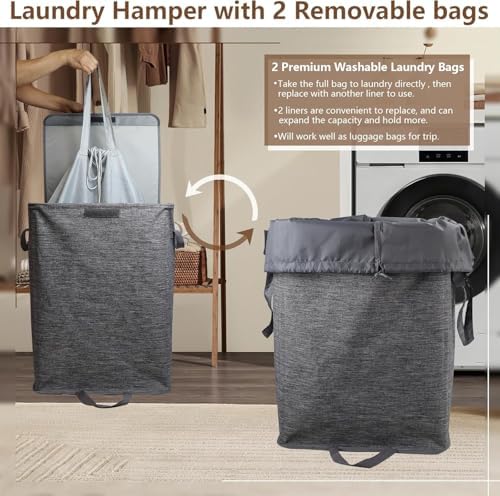 Foldable Laundry Hamper with 2 Removable Drawstring Bags,Portable Laundry Basket with Lid & Easy Carry Handle,Durable Clothes Hamper for Space-Saving Organizer in Bedroom,Bathroom,Dorm,Nursery,RV,Grey - Image 4