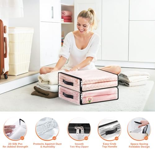 SpaceWhisper Clear Sheet Storage Bags, 4 Pack, 15.7 x 13.8 x 3.9 in | Sheet organizers and storage, zippered closure, thick plastic, reinforced handles, clothes, blankets, under-bed storage - Image 3