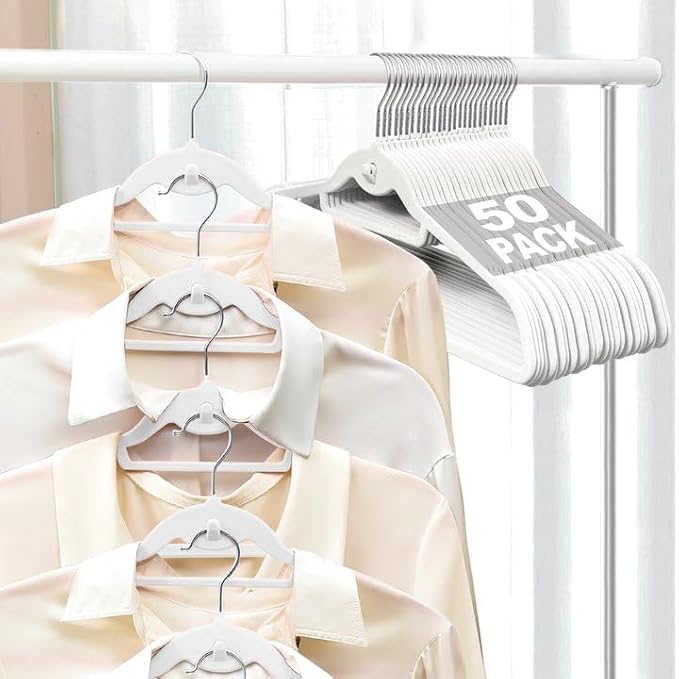 Velvet Felt Stackable Hangers 50 Pack, Thin & Space Saving, White | Non Slip, 15Lbs Capacity Heavy Duty With 360° Swivel Hook, Shoulder Notches, No Shoulder Bump, for Coat Suit Shirt Dress by UEAKPIC