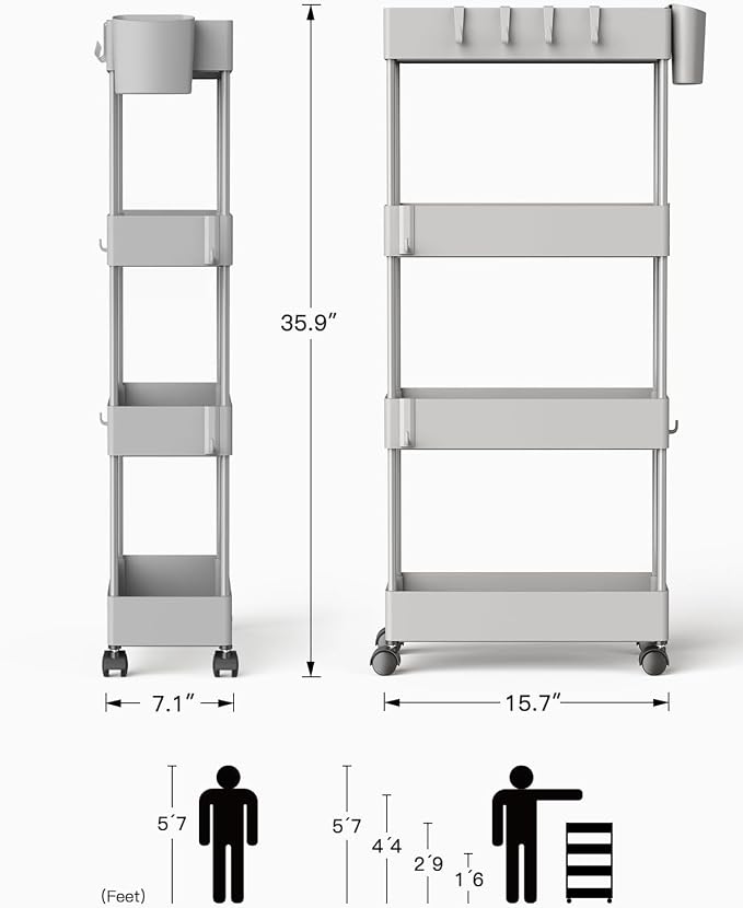 Pipishell 4 Tier Slim Storage Cart with Wheels, Laundry Cart, Gray - Image 8