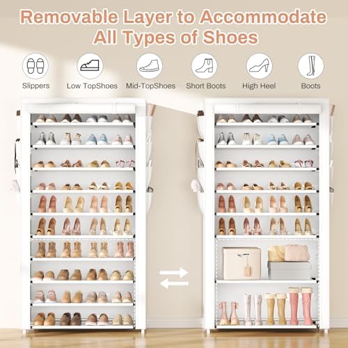 VTRIN Tall Shoe Rack with Cover, 10 Tier Shoe Organizer Storage for 50-55 Pairs Shoes and Boots Large Capacity Shoe Shelf with 8 Pockets Free Standing Shoe Rack for Closet, Entryway, Garage, White - Image 6