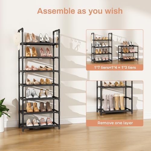 LANTEFUL 7 Tiers Shoe Rack 18-20 Pairs Boots Organizer Storage Sturdy Narrow Shoe Shelf for Entryway, Closets with Hooks, Black - Image 5