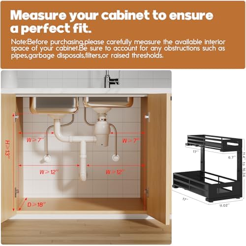 2-Pack 17"Deep Under Sink Organizer And Storage, 2-Tier L-Shaped Pull Out Cabinet Organizer with Upgraded Slide Rails, Height Adjustable Drawers for Kitchen&Bathroom, Extra-Large Storage Shelves–Black - Image 2