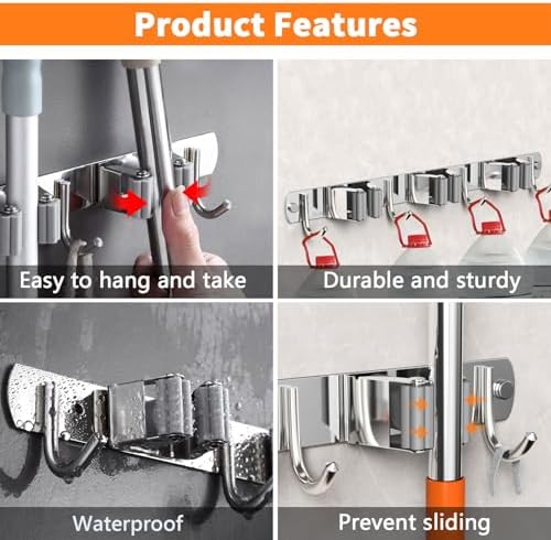 CUXIXA 2 Pack Mop and Broom Holder Wall Mount, Non-slip Broom Hanger, Heavy Duty Mop Broom Organizer for Kitchen Garden Garage Laundry Room Wall Decor Organization and Storage Silver 3R4H - Image 5