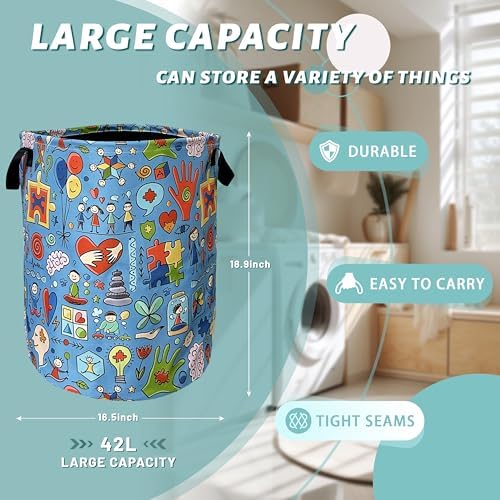 Autism Awareness Laundry Basket Oxford Cloth Foldable Hamper 18.9x16.5In - Image 2