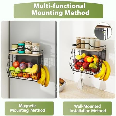 Wawocs Magnetic Shelf for Fridge with Wood Lid, 2 Tier Fruit Baskets Wall Mounted Hanging Basket with 4 Hanger Hooks, Potato and Onion Magnetic Storage Bins for Kitchen Counter, Refrigerator, Cabinet - Image 6