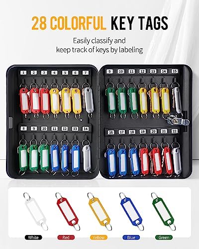 Uniclife Steel Key Cabinet Wall Mounted Organizer - 28 Keys, 2 Unlocking Keys - Black Frosted Security Box with Hooks and Color-Coded Labels - Image 3