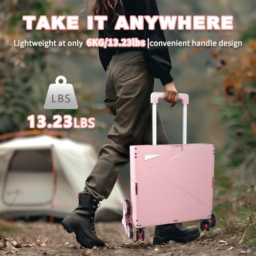 76L Folding Utility Cart Portable Rolling Crate Handcart Shopping Collapsible Tool Box with Stair Climbing Wheels,Hidden Lid,2 Rotate Wheels,for Grocery,Shopping,Office,Storage(Pink-White) - Image 6