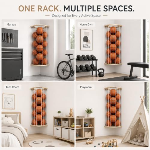 Garage Ball Storage Rack with Wood Frame, Wall Mount Corner Organizer - Image 7