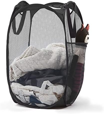 Collapsible Mesh Pop Up Laundry Hamper with Sturdy Handles and Side Pocket - Portable Foldable Clothes Baskets for Dorm, Bathroom & Travel Storage (Black) by TECHMILLY