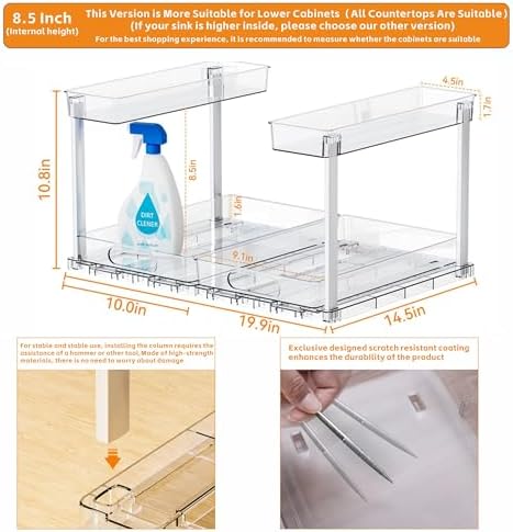 Yieach 2 Pack 14.5″ Deep Pull Out Under Sink Organizer,10.8″ High 2 Tier Slide Out Cabinet Organizer for Kitchen Cabinet,Undersink Organizers,Under Sink Shelves,Bathroom Organizers and Storage,Clear - Image 3
