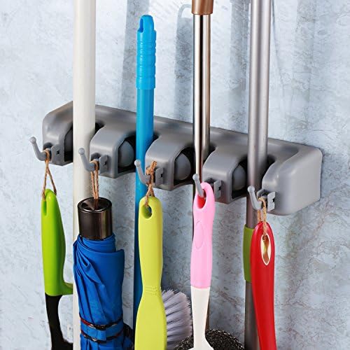 TOGU Mop and Broom Holder Wall Mounted 4 Position Storage Rack with 5 Retractable Hooks Holds up to 9 Tools Utility Weatherproof Holder for Garage Storage Systems Broom Organizer,Gray by Unknown