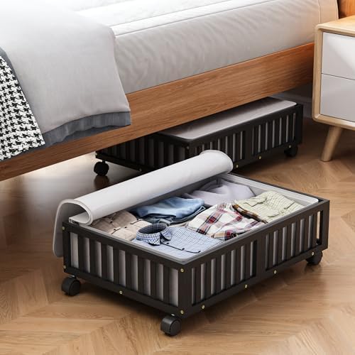 MHXW SXPN 2 Pack Bamboo Under Bed Storage Containers with Wheels, Black | Underbed Drawer Storage with Bag, Wood Rolling Underbed Organizer for Shoes, Sheets Clothes Blanket Comforter, Under Crib Toy by MHXWSXPN