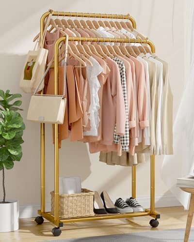 Sakugi Clothes Rack - Clothing Rack with Storage Mesh Shelf & Casters, Heavy-Duty Metal Clothing Rack for Hanging Clothes, Dresses, Coats, Large Load Capacity, Easy Assembly, Gold, 28.0"x16.0"x59.0" - Image 2