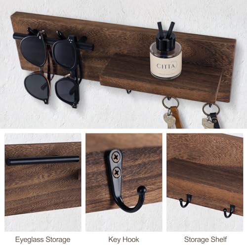 Key Holder for Wall, Decorative Entryway Shelf with Hooks Holds Keys, Dog Leash, Sunglasses – Key Hanger with 3 Hooks Organizes, Enhances Home Decor (15” x 4.5” x 2.6”) (Brown) - Image 3