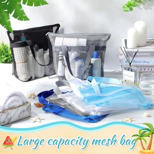 6 Pcs Mesh Beach Bags Bulk Portable Mesh Shower Caddy Bags with Zipper & 2 Pockets Hanging Toiletry and Bath Organizer for Beach Gym Camp Swimming Travel College Dorms (Classic Color) - Image 3
