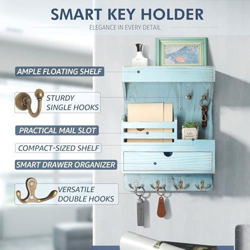 Rebee Vision Key Holder Wall Mount with Drawer & Shelf for Entryway, Blue - Image 5