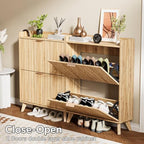 Fluted Shoe Cabinet Storage with 2 Flip Drawers, Wood Narrow Hidden Shoe Organizer with Adjustable Shelf for Entryway, Freestanding Slim Shoe Rack for Hallway Living Room, Saving Space, Oak - Image 5