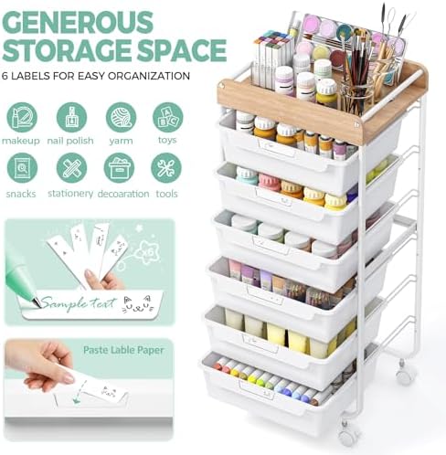 SYKIARIOL 6 Drawer Rolling Cart for Craft Storage,Utility Drawer Cart,White - Image 5