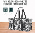 Extra Large Utility Tote Bag - Oversized Collapsible Reusable Wire Frame Rectangular Canvas Basket With Two Exterior Pockets For Beach, Pool, Laundry, Car Trunk, Storage - Geometrc Black - Image 5