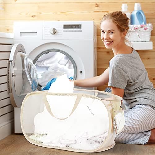 Durable Collapsible Laundry Baskets, Mesh Pop Up Laundry Hamper with Side Pocket, Foldable Clothes Storage Hamper with Reinforced Carry Handles for Laundry, Bathroom, Kids Room, Dorm or Travel Beige - Image 2