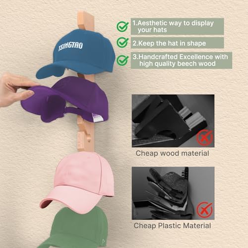 2 Pack Beech Wood Hat Rack for Wall – 10 Hooks Baseball Cap Organizer | Vertical Hats Hooks & Display Holder Storage for Entryway, Bedroom | Durable Wall-Mounted Hat Hanger | Ideal Gift - Image 3