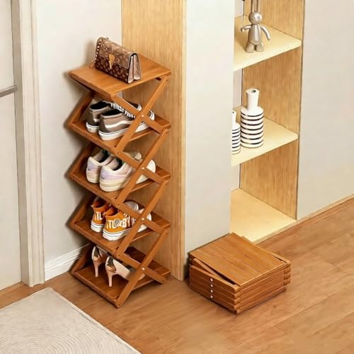 Bamboo Shoe Rack - No Assembly Required, Tall Narrow Foldable Shoe Organizer, Space-Saving Multifunctional Shelf for Entryways, Corners, Bedrooms, Balconies, 4 Layer Brown (Reinforced And Thickened ) - Image 2