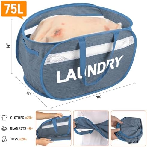 Collapsible Laundry Baskets, Foldable Laundry Basket with Dual Handles, Tear-proof Dirty Clothes Hampers for Laundry, Easy to Carry Pop Up Hamper for Bedroom, Bathroom, Dorm, Laundry Room Blue - Image 5