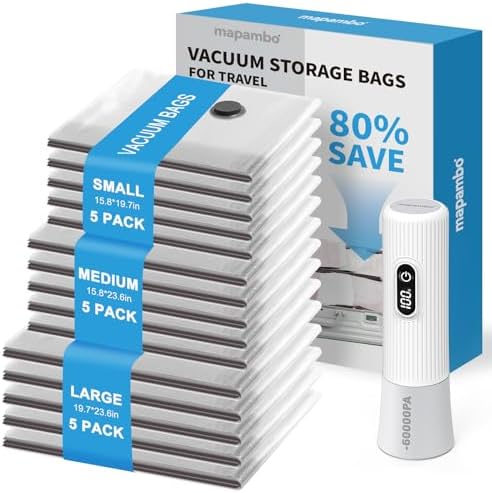 Mapambo Travel Vacuum Bags with -60000Pa LED Pump, 15 Pack Vacuum Seal Bags for Clothing Travel in 3 Combo Sizes, Vacuums Storage Bags for Clothes, Save 80% of Space (15 Combo) by Mapambo