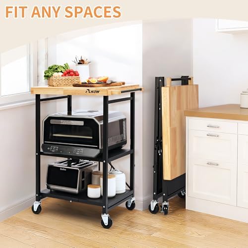 PLKOW Foldable 3-Tier Rolling Kitchen Cart with Solid Oak Top, Black - Image 2