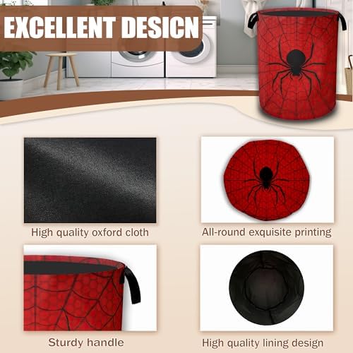 Red Spider Web Laundry Baskets,Laundry Hamper,Storage Basket with Handles for Bathroom Bedroom College Dormitory Living Room Nursery Organizer 16"x20.8" - Image 5